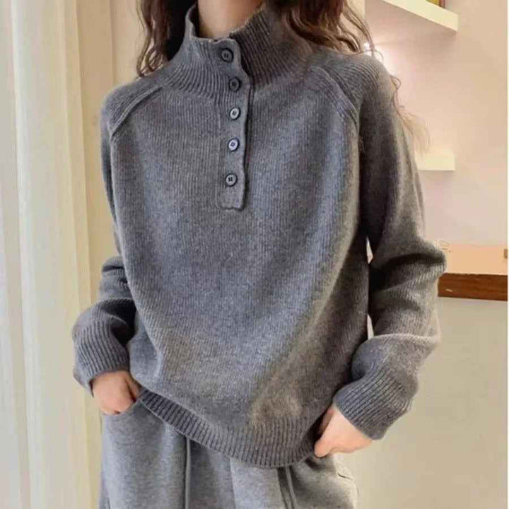 Women's Relaxed Fit Knitted Sweater – Wool Blend – Stand-Up Collar with Button Detail Grey One Size