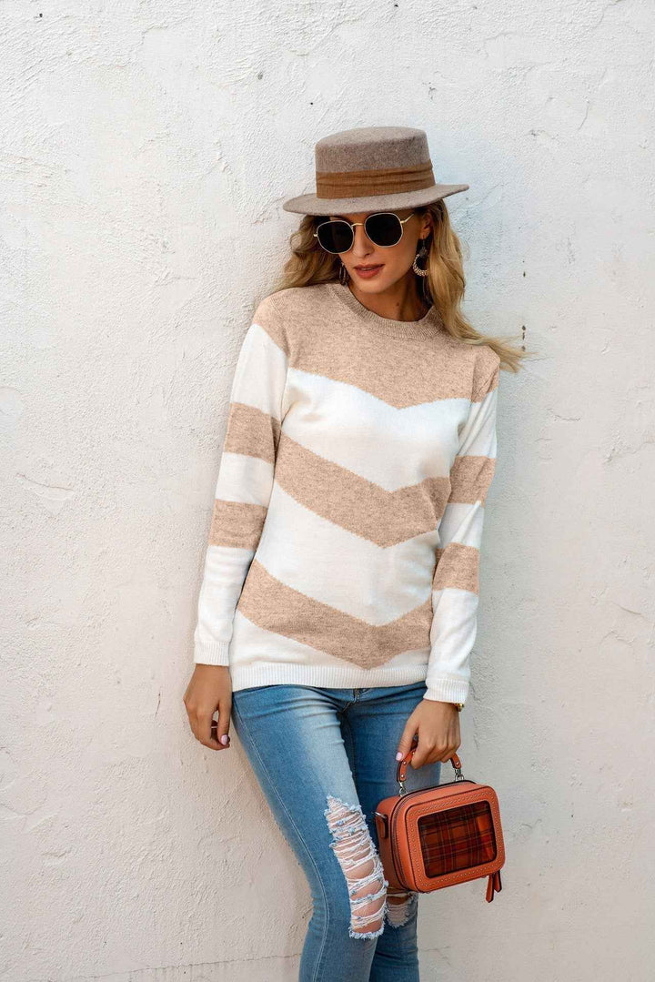 Women's Relaxed Fit Knitted Sweater – Wool Blend – Zigzag Pattern – Long Sleeves Champagne
