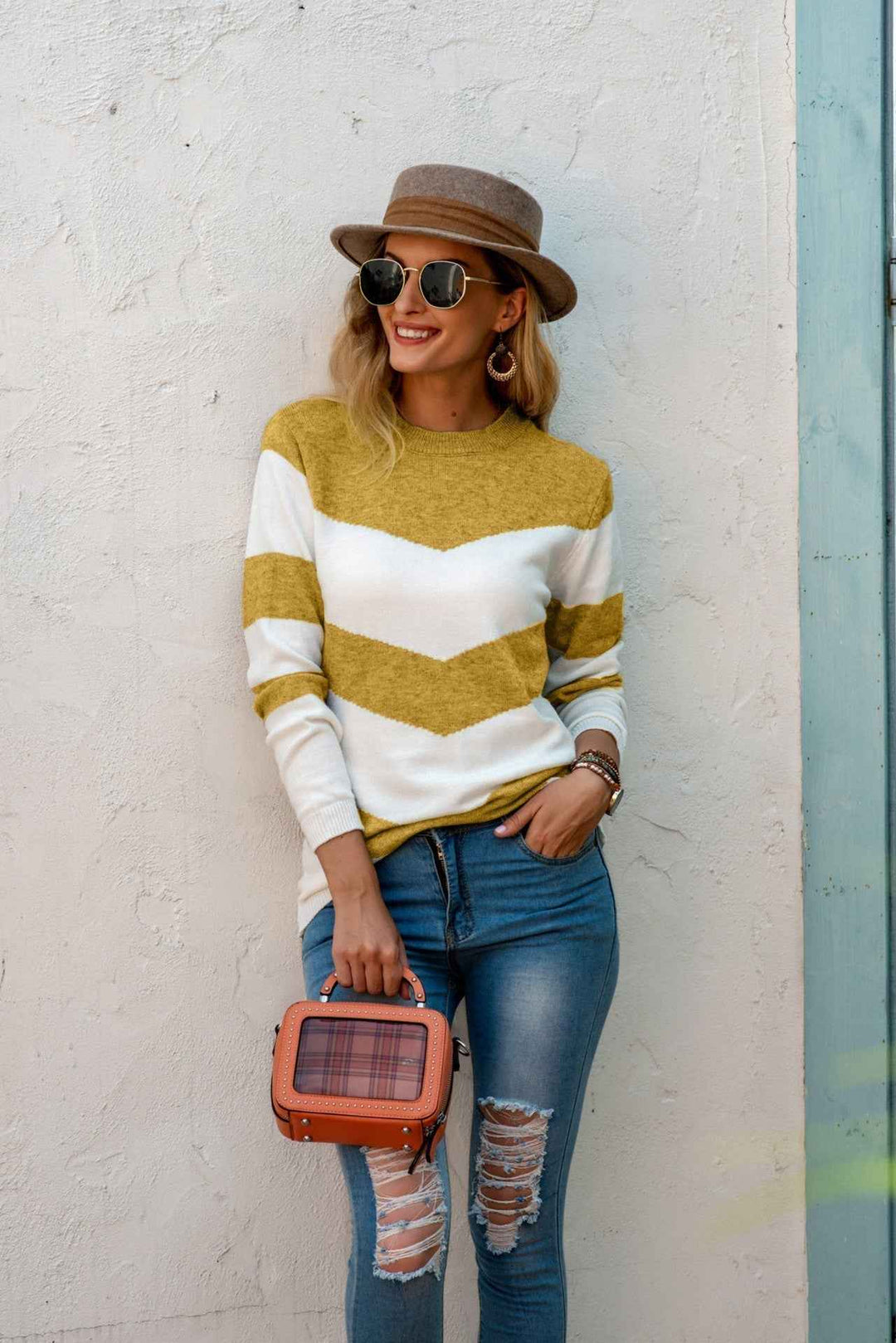 Women's Relaxed Fit Knitted Sweater – Wool Blend – Zigzag Pattern – Long Sleeves Yellow