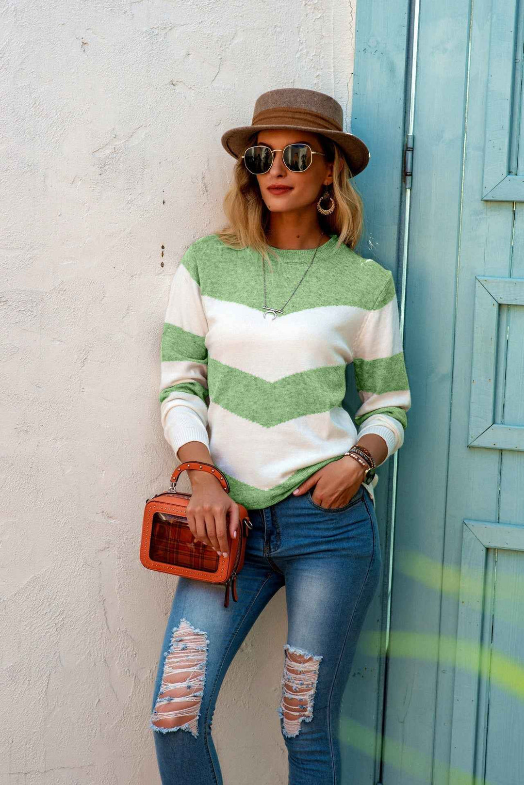 Women's Relaxed Fit Knitted Sweater – Wool Blend – Zigzag Pattern – Long Sleeves Green