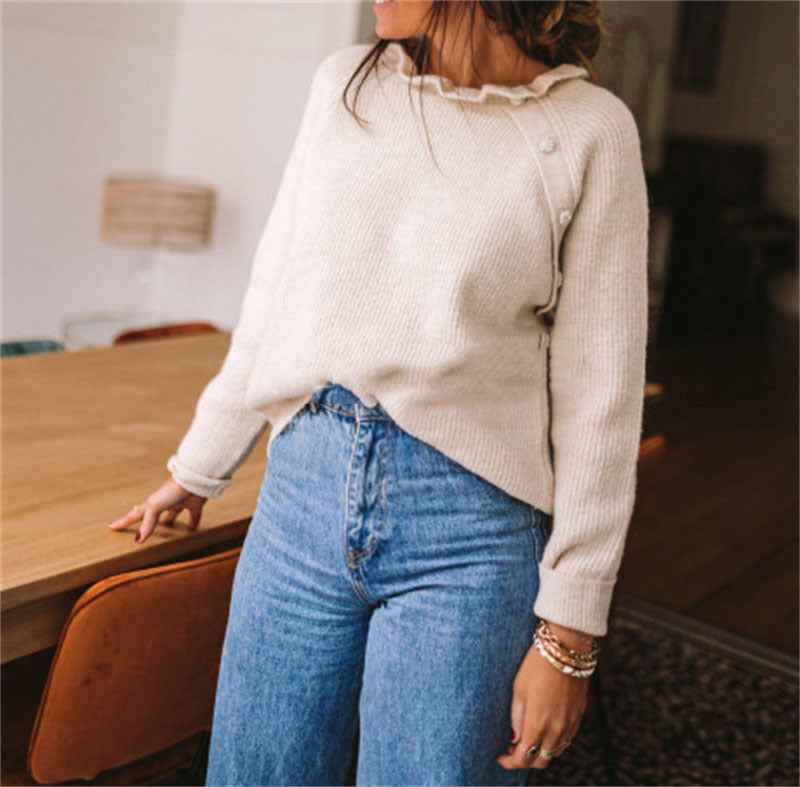 Women's Relaxed Fit Knitted Sweater – Wool Blend with Ruffle Neck and Shoulder Buttons Apricot