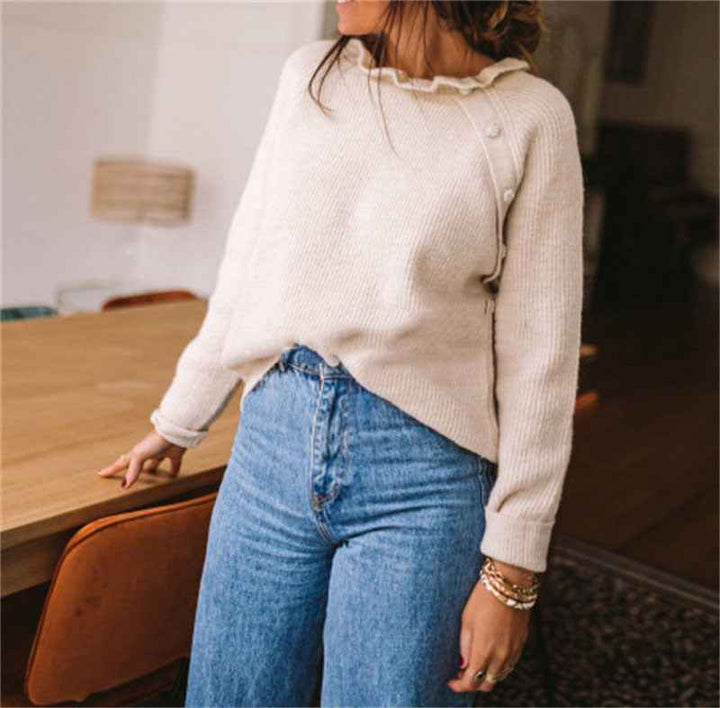 Women's Relaxed Fit Knitted Sweater – Wool Blend with Ruffle Neck and Shoulder Buttons Apricot