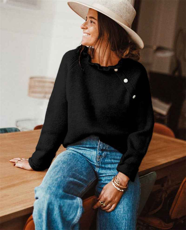 Women's Relaxed Fit Knitted Sweater – Wool Blend with Ruffle Neck and Shoulder Buttons Black
