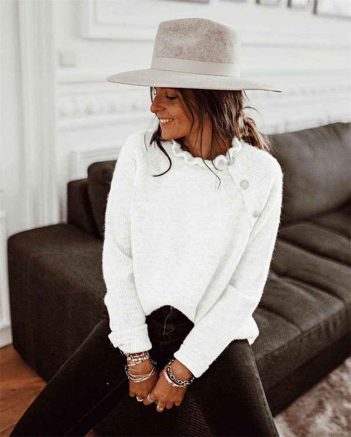 Women's Relaxed Fit Knitted Sweater – Wool Blend with Ruffle Neck and Shoulder Buttons White