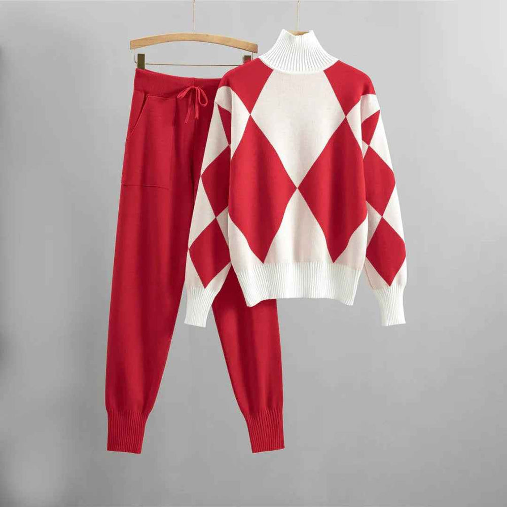 Women's Relaxed Fit Knitted Sweater and Pants Set – Argyle Pattern with Ribbed Edges Red
