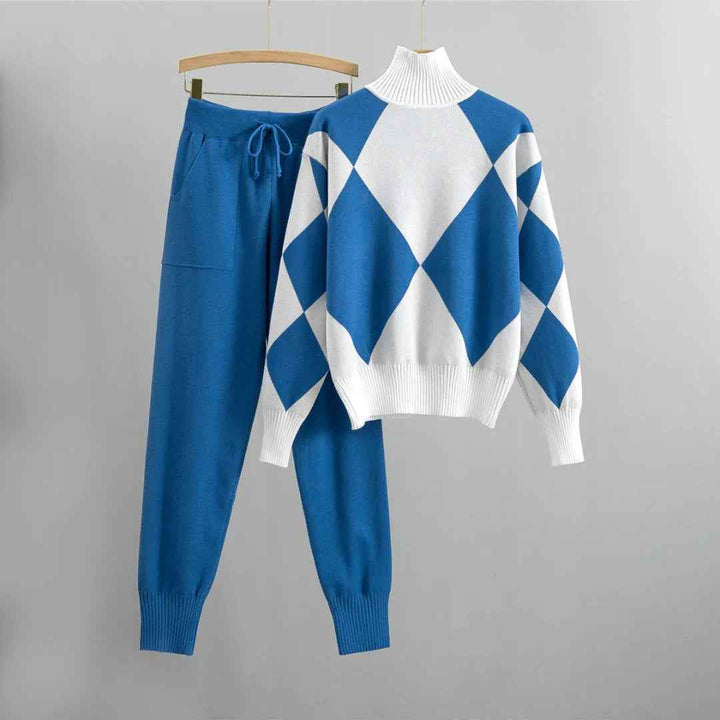 Women's Relaxed Fit Knitted Sweater and Pants Set – Argyle Pattern with Ribbed Edges Blue