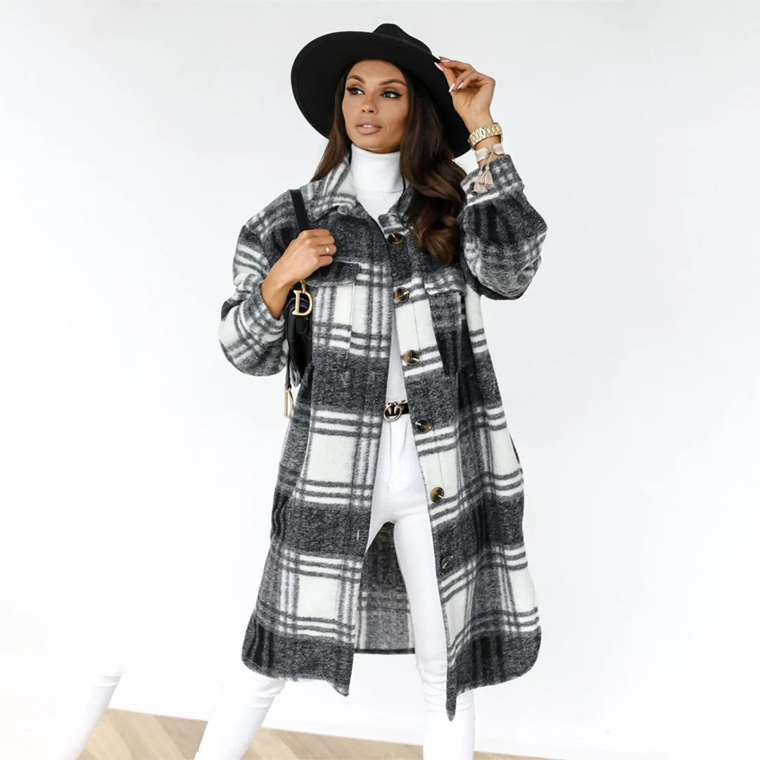 Women's Relaxed Fit Long Coat – Check Pattern – Wool Fabric – Long Sleeves Black