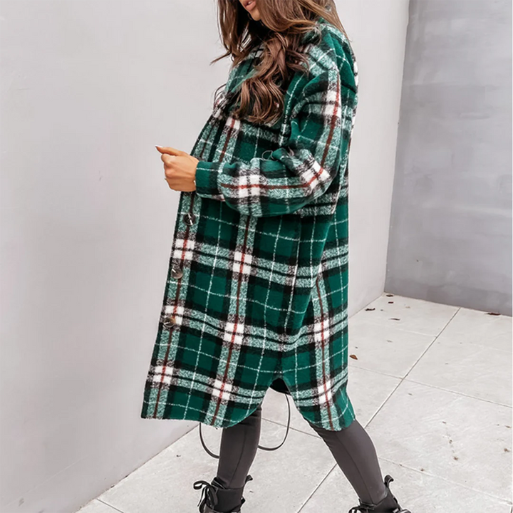 Women's Relaxed Fit Long Coat – Check Pattern – Wool Fabric – Long Sleeves Green