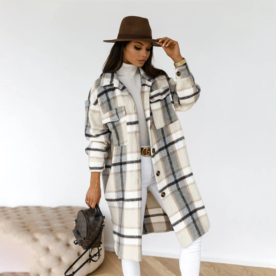Women's Relaxed Fit Long Coat – Check Pattern – Wool Fabric – Long Sleeves Grey