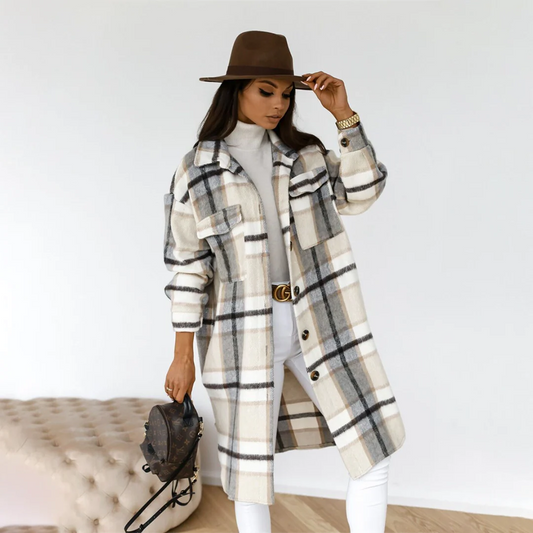 Women's Wool Check Pattern Relaxed Fit Long Grey Winter Coat Grey