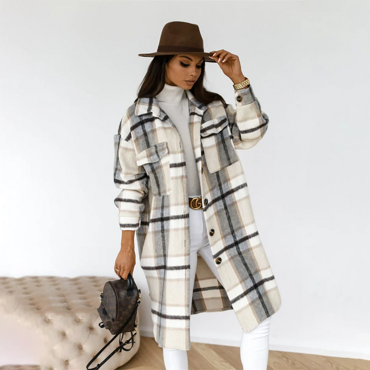 Women's Relaxed Fit Long Coat – Check Pattern – Wool Fabric – Long Sleeves Grey