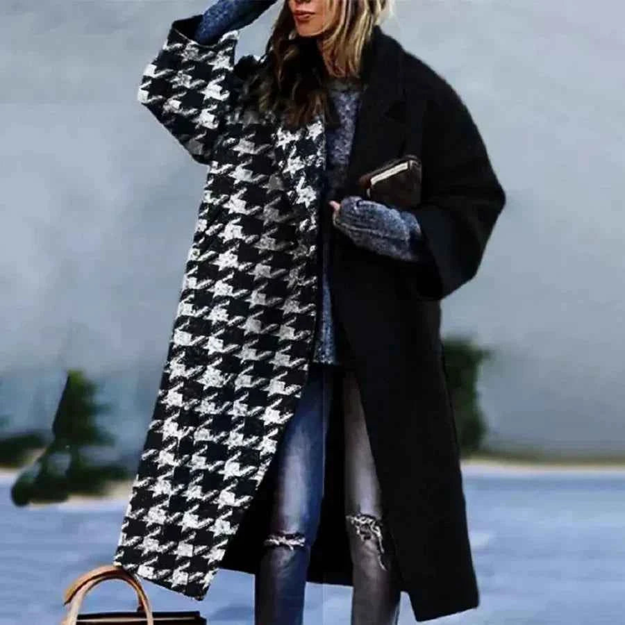 Women's Relaxed Fit Long Coat – Wool Blend with Abstract Pattern Black
