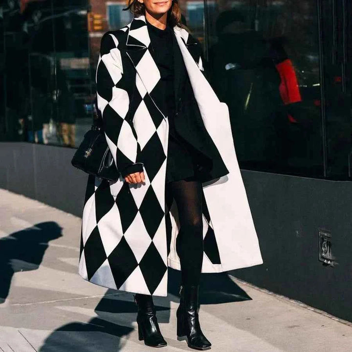 Women's Relaxed Fit Long Coat – Wool Blend with Abstract Pattern White