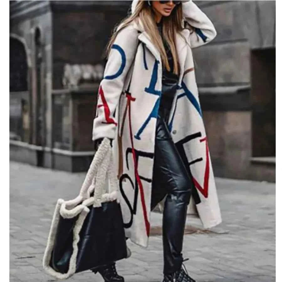 Women's Relaxed Fit Long Coat – Wool Blend with Abstract Pattern Beige
