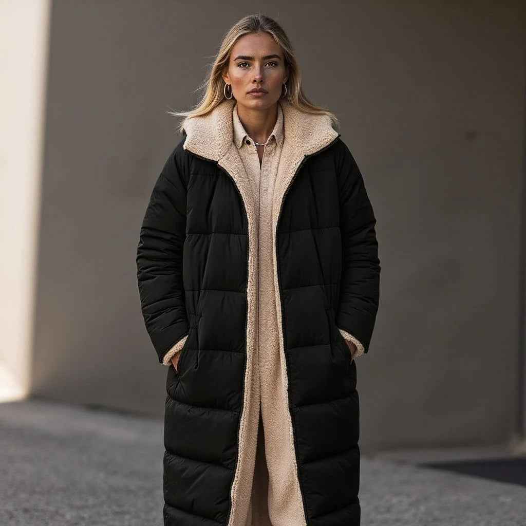 Women's Relaxed Fit Long Padded Coat with Fleece Collar – Full Coverage Black