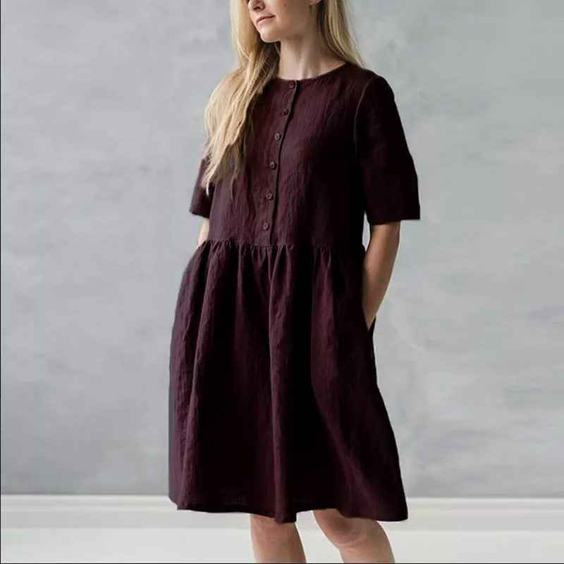Women's Relaxed Fit Midi Dress – Breathable Fabric, Button Closure & Pockets