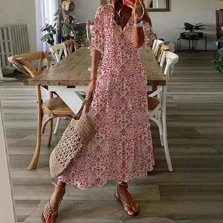 Women's Relaxed Fit Midi Dress – V-Neck, Short Sleeve, Cotton with Cutwork Details Pink