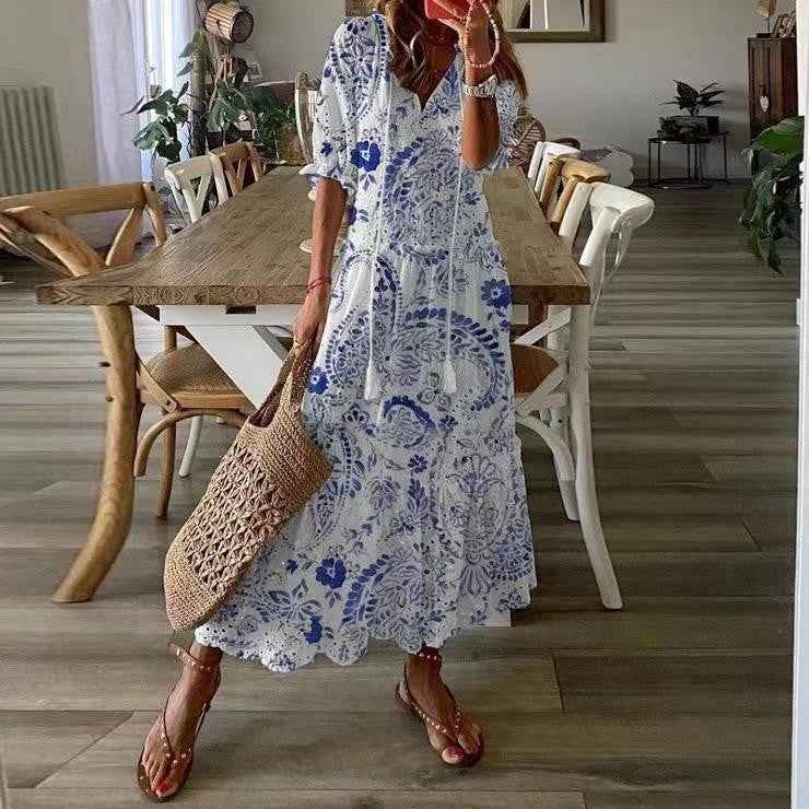 Women's Relaxed Fit Midi Dress – V-Neck, Short Sleeve, Cotton with Cutwork Details Light Blue