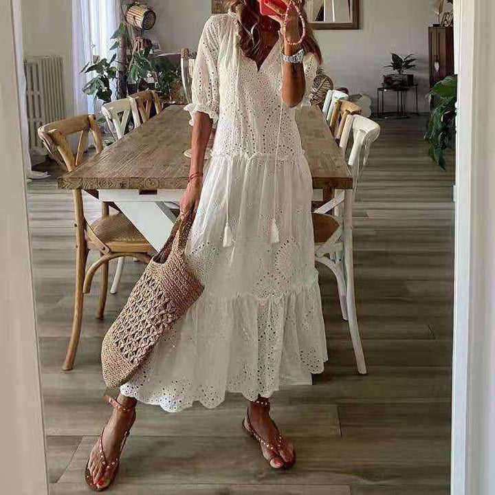 Women's Relaxed Fit Midi Dress – V-Neck, Short Sleeve, Cotton with Cutwork Details White