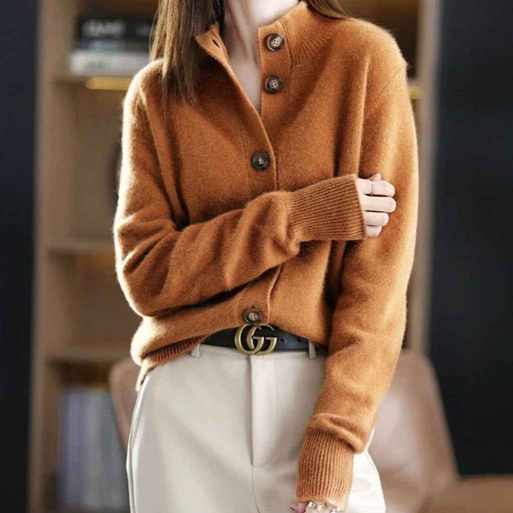Women's Relaxed Fit Mock Neck Button Front Ribbed Cardigan