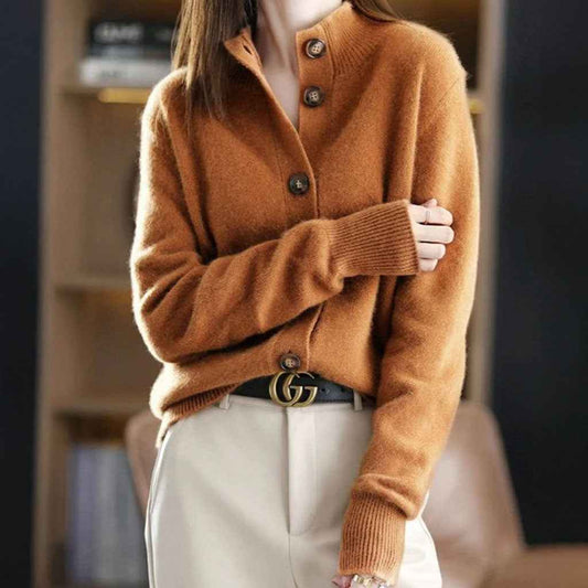 Women's Relaxed Fit Mock Neck Button Front Ribbed Cardigan