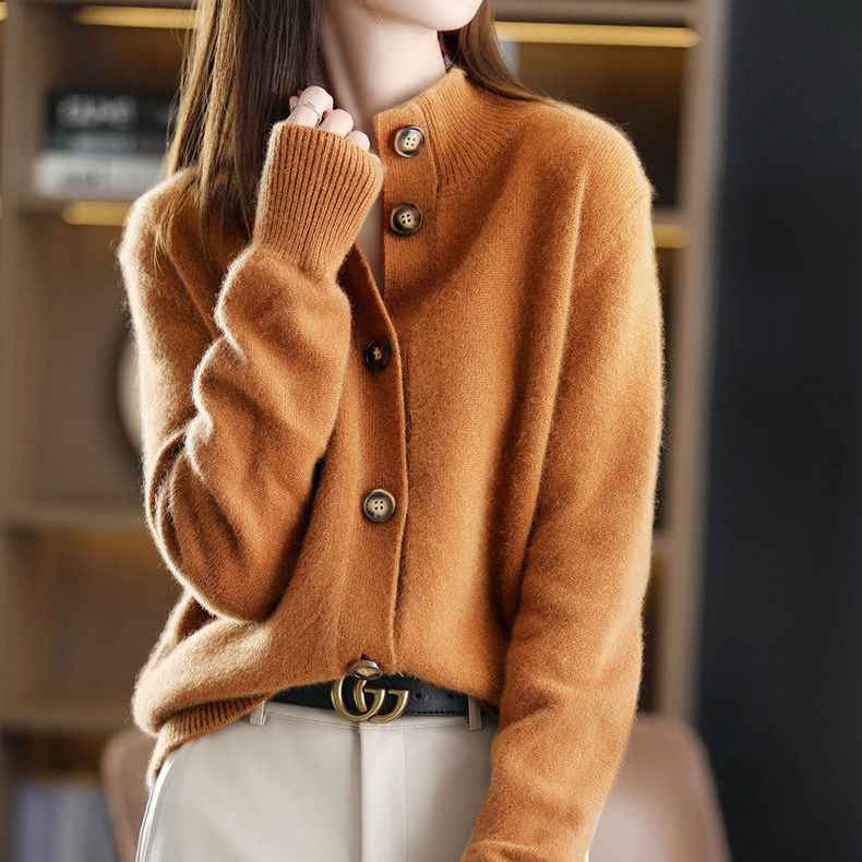 Women's Relaxed Fit Mock Neck Button Front Ribbed Cardigan