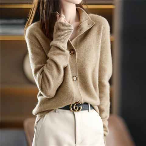 Women's Relaxed Fit Mock Neck Button Front Ribbed Cardigan Camel