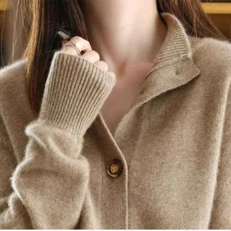 Women's Relaxed Fit Mock Neck Button Front Ribbed Cardigan