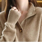 Women's Relaxed Fit Mock Neck Button Front Ribbed Cardigan