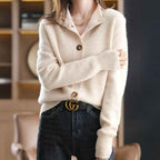 Women's Relaxed Fit Mock Neck Button Front Ribbed Cardigan Beige