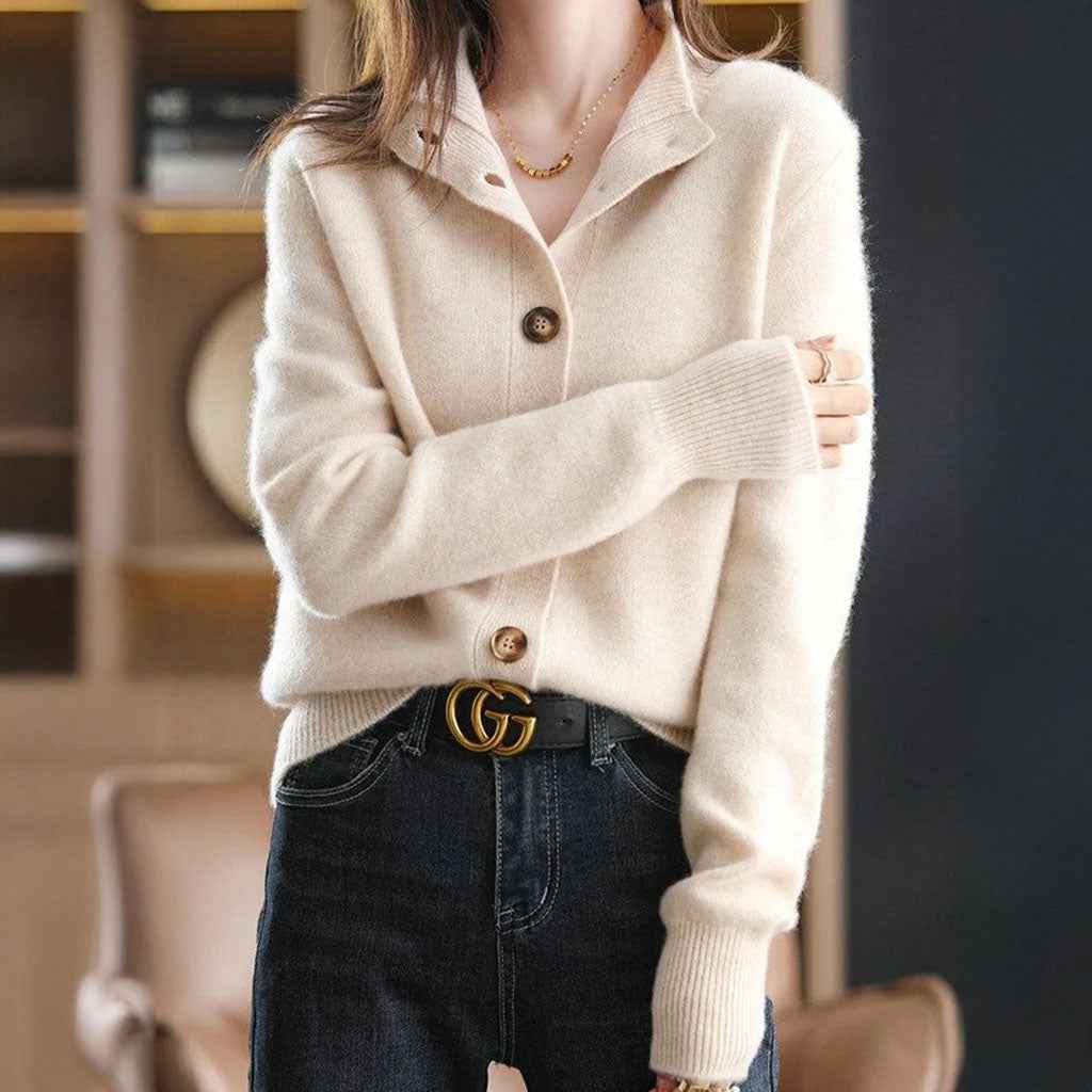 Women's Relaxed Fit Mock Neck Button Front Ribbed Cardigan Beige