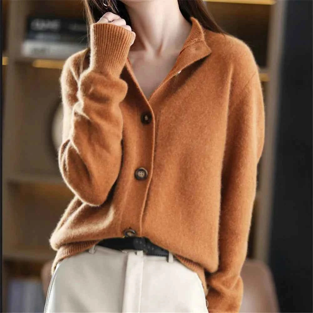 Women's Relaxed Fit Mock Neck Button Front Ribbed Cardigan Orange