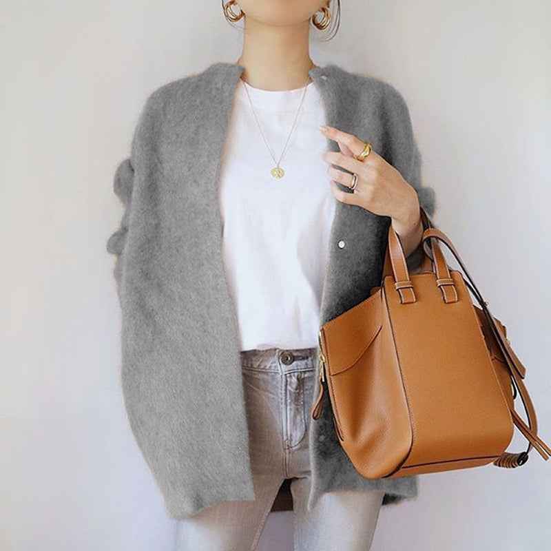 Women's Relaxed Fit Open Front Cardigan with Button Closure Gray