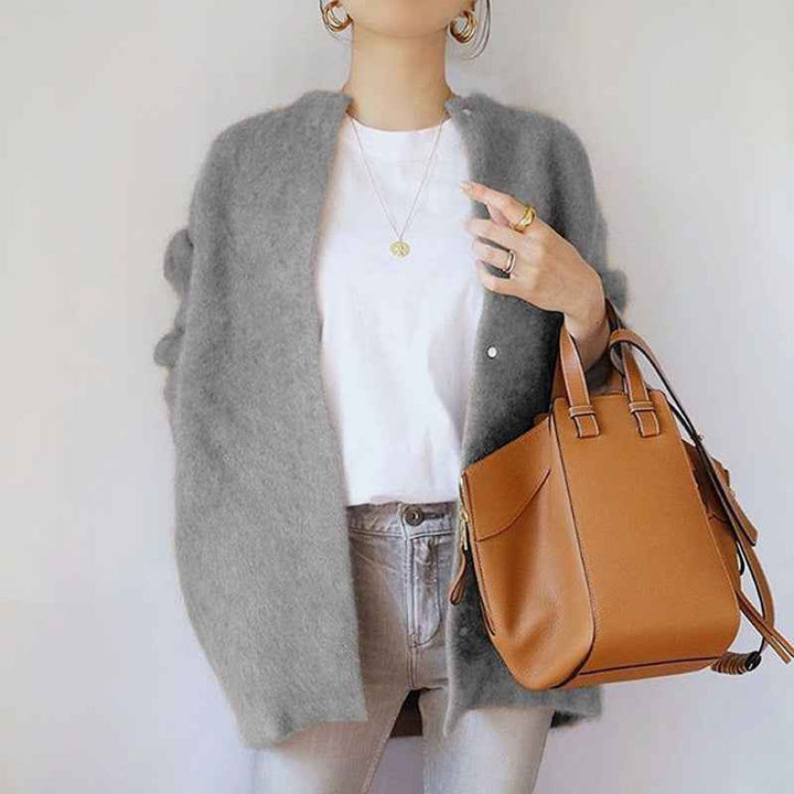 Women's Relaxed Fit Open Front Cardigan with Button Closure Gray
