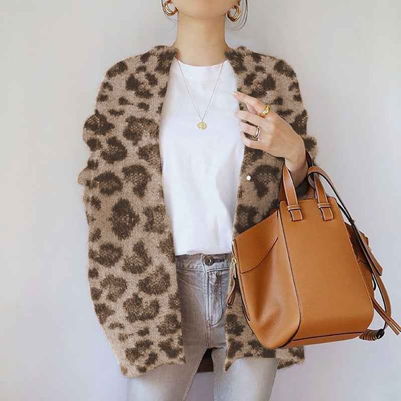 Women's Relaxed Fit Open Front Cardigan with Button Closure Leopard Print