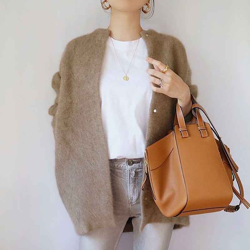 Women's Relaxed Fit Open Front Cardigan with Button Closure Beige