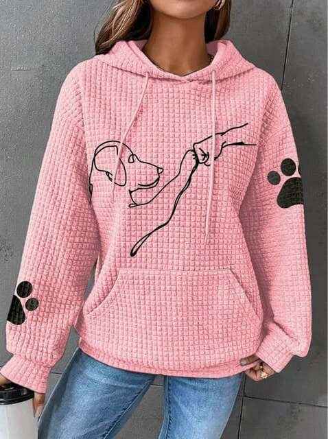 Women's Relaxed Fit Quilted Hoodie with Dog Print and Kangaroo Pocket Pink