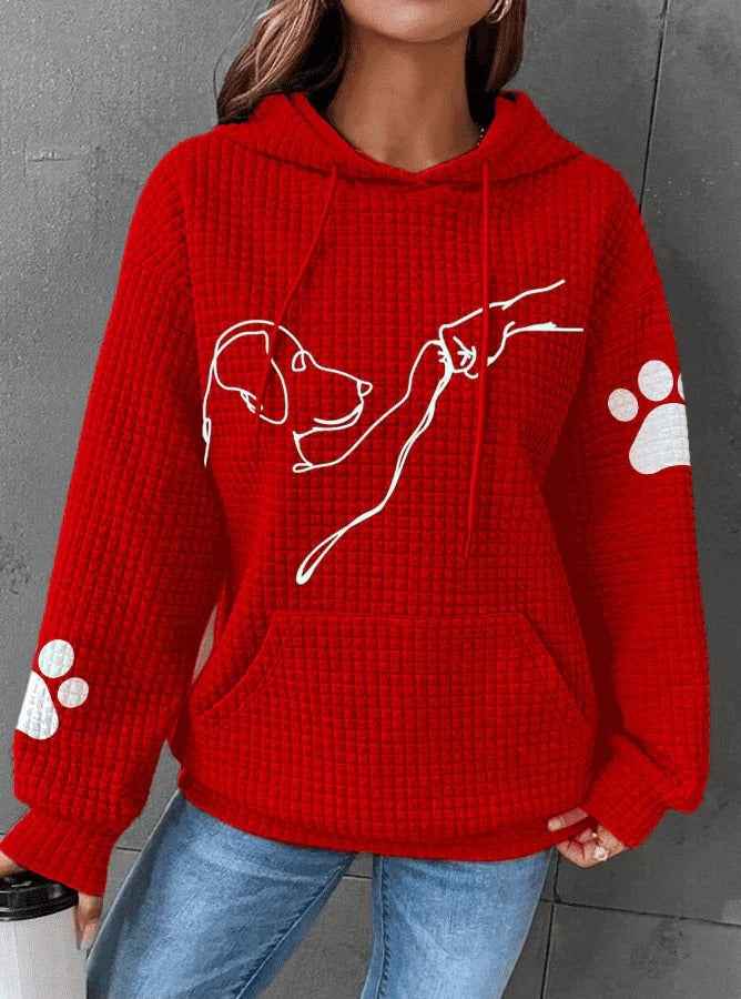Women's Relaxed Fit Quilted Hoodie with Dog Print and Kangaroo Pocket Red