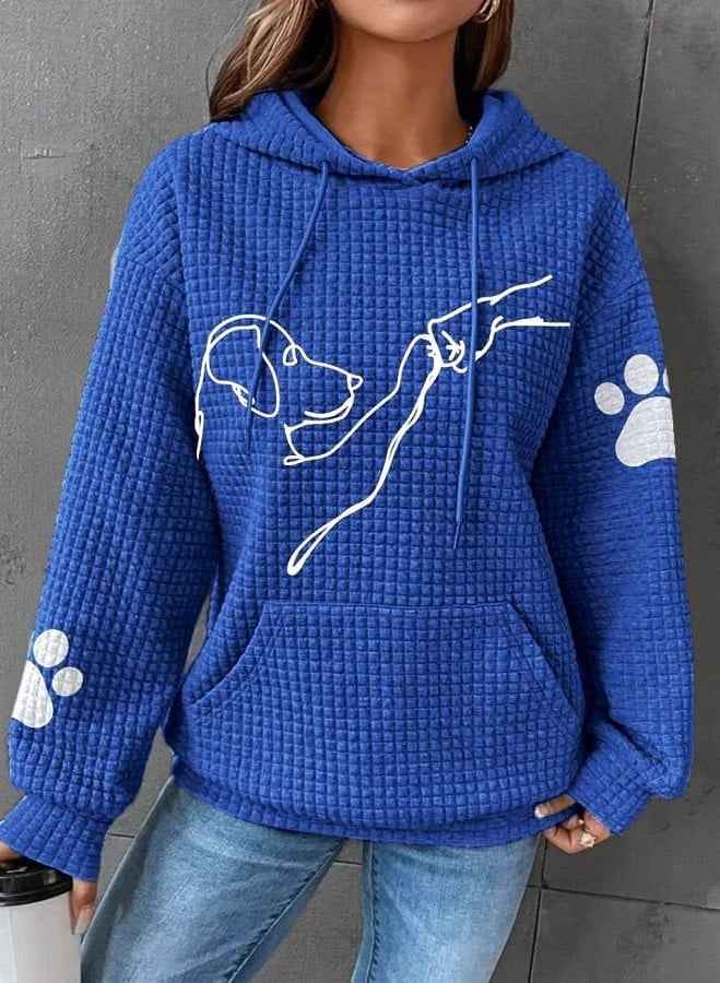 Women's Relaxed Fit Quilted Hoodie with Dog Print and Kangaroo Pocket Blue