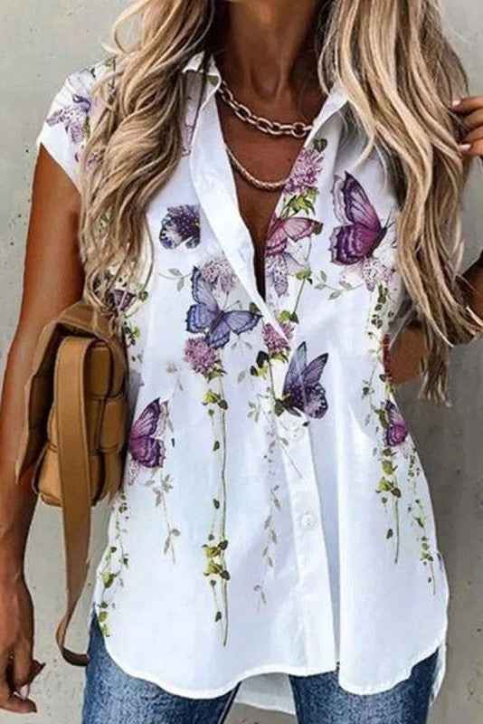Women's Relaxed Fit Short Sleeve Blouse with Butterfly Print – Breathable Fabric White