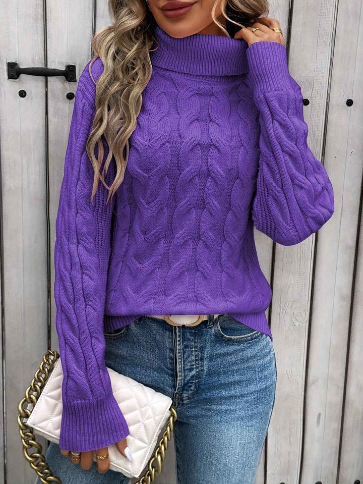 Women's Relaxed Fit Turtleneck - Knitted Cable Pattern - Long Sleeves