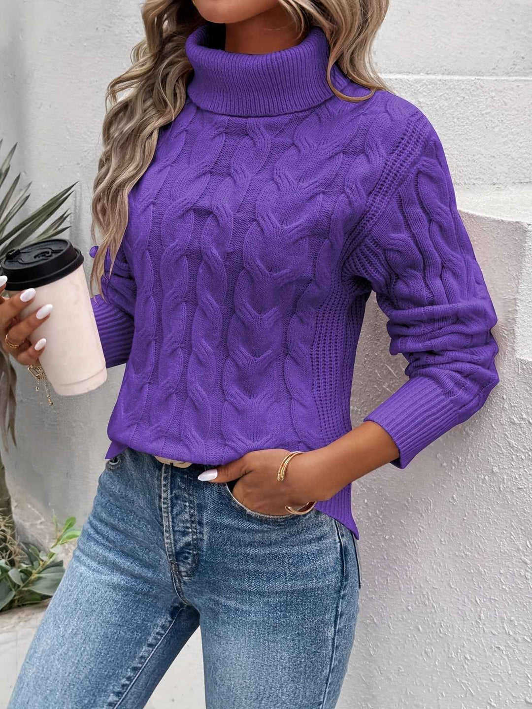 Women's Relaxed Fit Turtleneck - Knitted Cable Pattern - Long Sleeves Purple