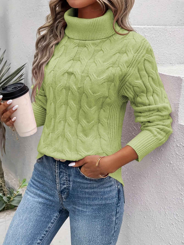 Women's Relaxed Fit Turtleneck - Knitted Cable Pattern - Long Sleeves Green