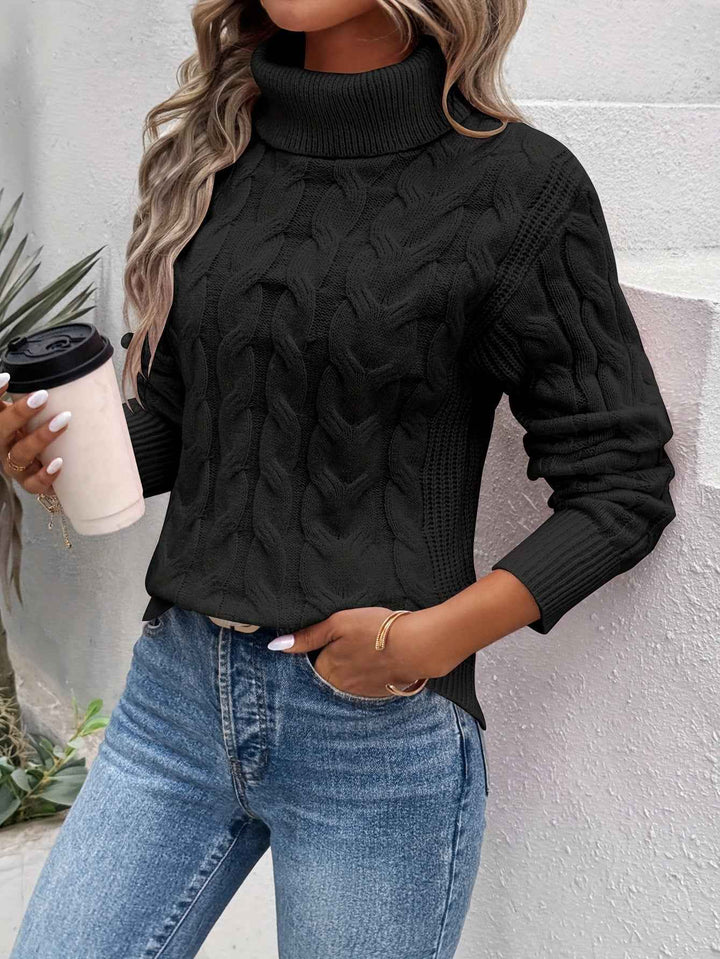 Women's Relaxed Fit Turtleneck - Knitted Cable Pattern - Long Sleeves Black