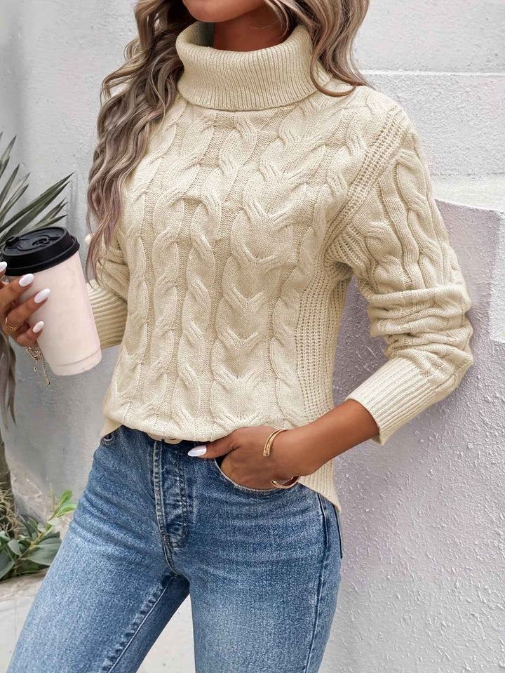 Women's Relaxed Fit Turtleneck - Knitted Cable Pattern - Long Sleeves Beige