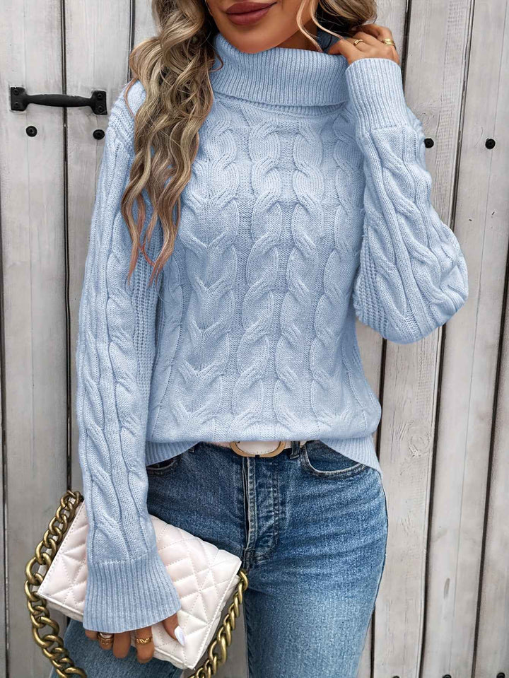 Women's Relaxed Fit Turtleneck - Knitted Cable Pattern - Long Sleeves