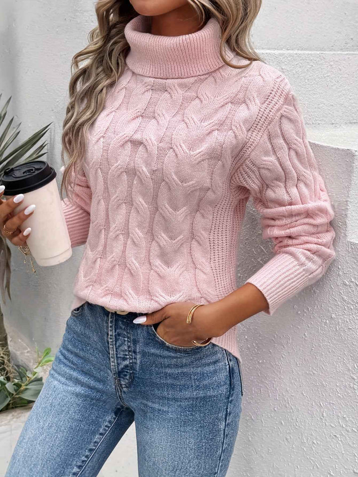 Women's Relaxed Fit Turtleneck - Knitted Cable Pattern - Long Sleeves Pink