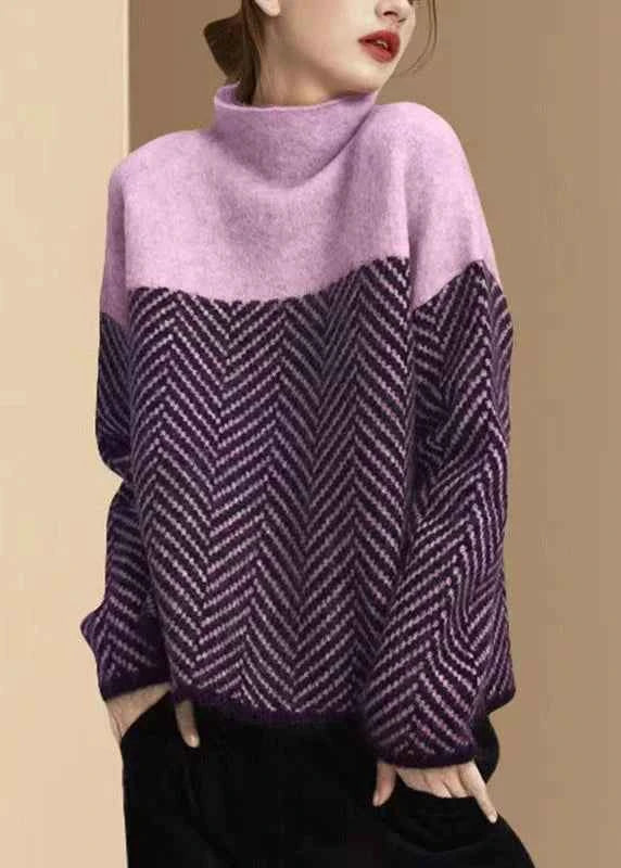 Women's Relaxed Fit Turtleneck Sweater – Knitted Herringbone Texture with Ribbed Edges Purple