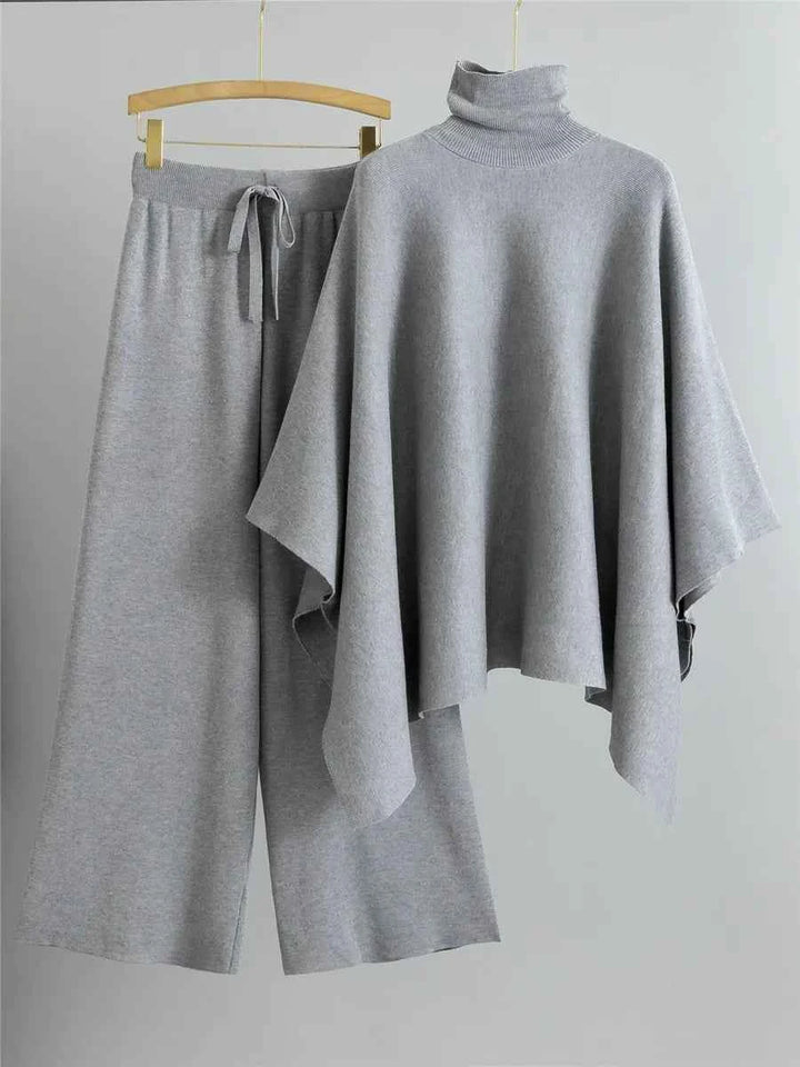 Women's Relaxed Fit Two-Piece Set – Knitted Turtleneck Cape Top & Wide-Leg Pants Grey One Size