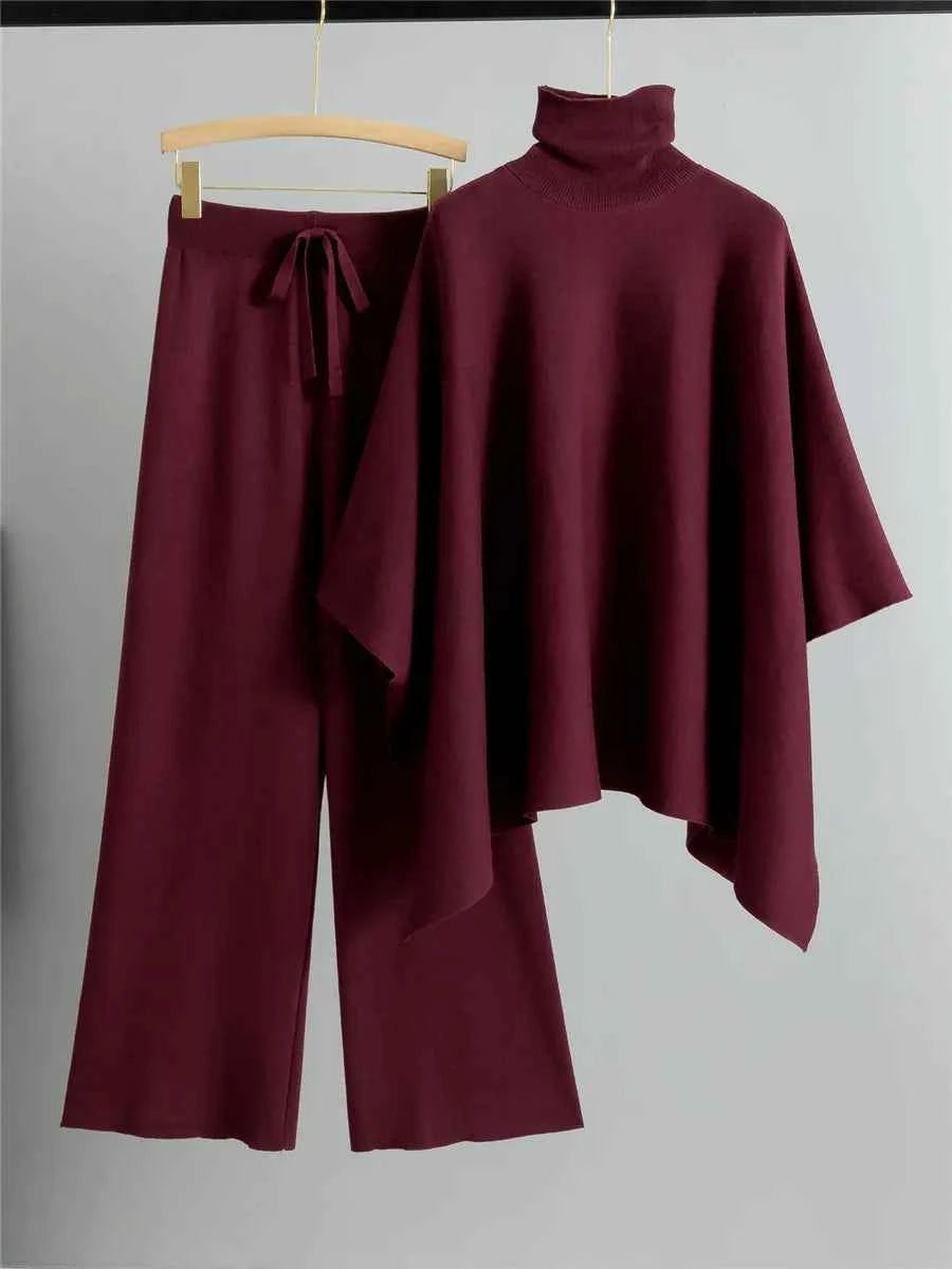 Women's Relaxed Fit Two-Piece Set – Knitted Turtleneck Cape Top & Wide-Leg Pants Red One Size